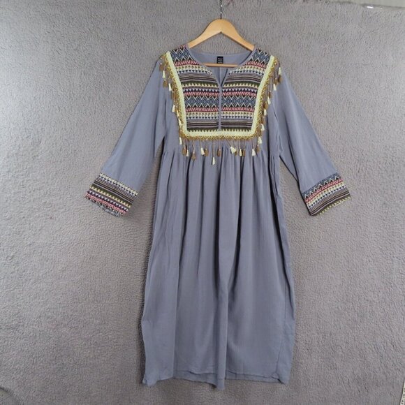 Moosta Dress Medium Boho Long Sleeve Embroidered Tassel Trim Pullover Geometric - Picture 1 of 10